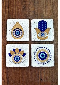 Resim Doğal Taş Bardak Altlığı 4'lü Set 10x10x1 Cm Nazar Boncuğu Desenli - Evileye Stone Coasters 356 Çok Renkli 