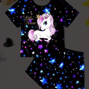 Resim 2 Adet Kız Sevimli Luminous Unicorn Star Desenli Kısa T-Shirt ve Şort Pijama Seti, Rahat ve Cilt Dostu Stil Prenses Pijamaları Kızlar İçin Rahat Ev Giyimi (Uv Işık Parlar) 