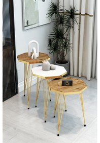 Resim 3'lü Sekizgen Zigon Sehpa Seti - Gold Metal Ayaklı, Modern & Şık Yan Sehpa, Dayanıklı Salon Ofis Beyaz Atlantik Çam 