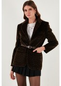 Resim Lela Leopar Desenli Regular Fit Kemer Detaylı Peluş Dokulu Blazer Bayan Ceket 6839614 Kahve 