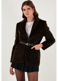 Resim Lela Leopar Desenli Regular Fit Kemer Detaylı Peluş Dokulu Blazer Bayan Ceket 6839614 Kahve 