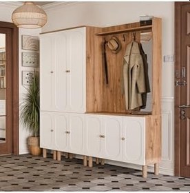 Resim SET 5092-5094-5091 Roma Sağ Aynalı 9 Kapaklı (MEMBRAN) 9 Askılı Raflı Bohem Portmanto Atlantik Çam 