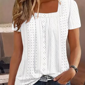 Resim Kadınlar için Rahat Mavi Kısa Kollu T-Shirt - Tüm Mevsimler, Düz Renk, Rahat Giyim|Kare Yaka Üst|Rahat Stil 