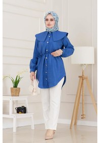 Resim Sevitli Beli Bağcık Detaylı Geniş Yaka Tunik-indigo-4994 Indigo 
