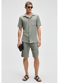 Resim Grimelange ERMANO Erkek Regular Fit Kısa Kollu Gömlek Yaka Düğmeli Haki Gömlek 