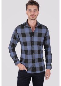 Resim Mavi Siyah Dama Desenli Slimfit Oduncu Gömlek Mavi 