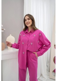 Resim Defymoda Fuşya Klasik Taşlı Keten Takım Takım Fuşya 