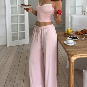 Resim Moda Günlük Ev Kıyafeti İki Parça Takım, Bol Basit Tatlı Tarz Bayan Uzun Pantolon Giyim 