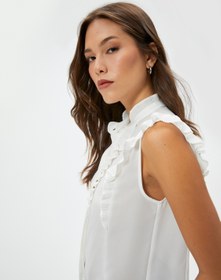 Resim Fırfırlı Şifon Gömlek Kolsuz Hakim Yaka 