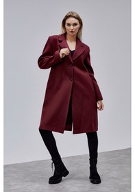 Resim Rosalia Bordo Regular Fit Kruvaze Kaşe Kaban Bordo 
