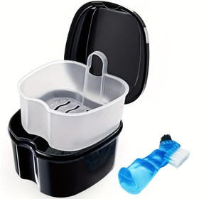 Resim Profesyonel Diş Bakımı Protez Banyo Kutusu Fırçalı - Su Geçirmez İki Bölmeli Protez Saklama Kabı, Sızdırmaz Kapak & Kolay Seyahat ve Ev Kullanımı için Ergonomik Tutamak - Dayanıklı Plastik Ağız Hijyen Organizatörü, Protez Temizleme Kılıfı, Şık Tasarım, Easyclean Malzeme 