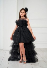 Resim Porça Kız Çocuk Ön Kısa Arkası Uzun Tüllü Katlı Beli Fiyonklu Abiye-8073-siyah Siyah 