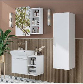 Resim Likya Kapaklı Ve Açık Raflı Mdflam Lavabolu 72 Cm Banyo Alt Dolabı + Üst Dolabı + Banyo Boy Dolabı Beyaz Beyaz 