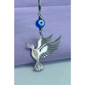 Resim El Yapımı Lacivert Cam Nazar Boncuklu Çelik Dal Tutan Kuş Figürü Araba Dikiz Ayna Süsü 