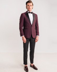 Resim Dufy Bordo Erkek Modern Fit Mono Yaka Smokin Takım - 61321 Bordo 