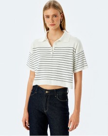 Resim Koton Düğmeli Çizgili Oversize Polo Yaka İnce Triko Kazak Lacivert Çizgili 5sak90007ht 7s2 Çok Renkli 