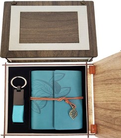 Resim Larimar Özel Ahşap Kutulu Mavi Deri Defter Ve Anahtarlık Seti - 9023662812720lmr 