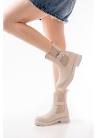 Resim 02-2004 Bej Toka Aksesuarlı Lastikli Günlük Kadın Bot Acı Kahverengi 