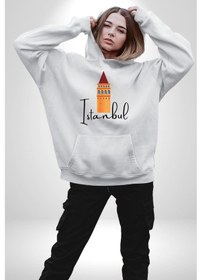 Resim İstanbul Galata Kulesi Kadın Erkek Beyaz Kapüşonlu Sweatshirt Hoodie Beyaz 