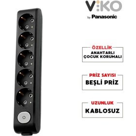 Resim Viko | Beşli Grup Priz, Anahtarlı Topraklı - Çocuk Korumalı Çoğaltıcı Priz, 5'li, Kablosuz, Siyah 