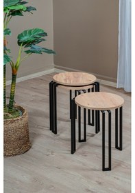 Resim 3'lü Zigon Sehpa Takımı, Modern Metal Ayaklı Yuvarlak Yan Sehpa, Ahşap Tablalı Orta Sehpa Atlantik Çam - Siyah 