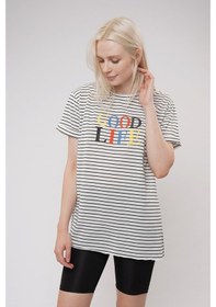 Resim Gabria Kadın Baskılı Çizgili T-Shirt Beyaz 
