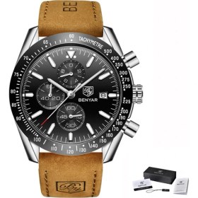 Resim Hanyang L Kahverengi Gümüş Siyah Benyar Erkek Saatler Marka Lüks Silikon Kayış Su Geçirmez Spor Kuvars Chronograph Askeri Izle Erkekler Saat Relogio Masculino (Yurt Dışından) 