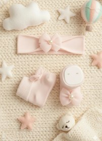 Resim Fiyonklu Bandana Pembe Hediyelik Bebek Çorap Takım 0-2 Yaş Açık Pembe 