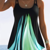 Resim Kadınların Şık Siyah ve Yeşil Çizgili Tankini - Polyester Karışımı, Yüksek Esneklik, Örgü Kumaş, Plaj ve Havuz İçin Şort ve Tank Üstü Seti, Plaj Kıyafeti|Modern Tankini|Esnek Kumaş 