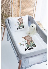 Resim Lilabio %100 Pamuk Saten İsme Özel İsimli 70x120 Park Yatak Nevresim Seti Ayıcık 