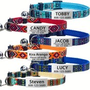 Resim Bohem Çiçek & Geometrik Desenli Özelleştirilebilir Yumuşak Polyester Kedi Tasması - Kişiselleştirilmiş Kimlik Etiketleri Dahil, Renkli Etnik Tarz Evcil Hayvan Aksesuarları Yavru Kediler & Kediler İçin, İdeal Hediye, Yavru Kedi Tasması 