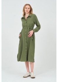 Resim Busa Hamile Gömlek Yaka Önden Cepli Midi Boy Elbise Haki 
