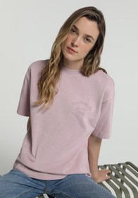 Resim Boyfriend Fit Yuvarlak Yaka Nakışlı Kadın Mor Kısa Kol Tişört Colin's