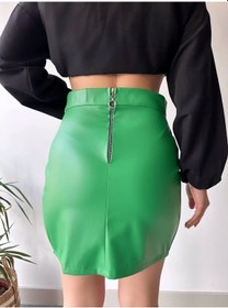 Resim Biçomi Dantelli Fermuarlı Deri Etek Yeşil W24598 Yeşil 