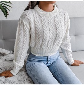 Resim Gmxıa Kadın Modası Rahat Düz Renk Sonbahar Kış Uzun Kollu Yuvarlak Yaka İnce Büküm Bel Örgü Kırpılmış Kazak Beyaz 