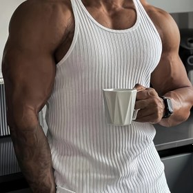 Resim Erkek Spor Tank Top, Çizgili Desenli Kolsuz Polyester V Yaka Yelek, Orta Esnek Kumaş, Dar Kesim, 200g/ Ağırlık, Fitness Koşu Açık Hava Boş Zaman İçin, Örgü 