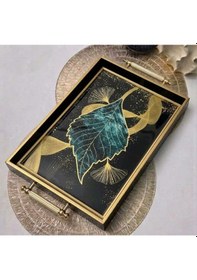 Resim Ginkgo Yaprağı Desenli Dekoratif Tepsi & Siyah Gold Çerceveli Kulplu Çay Kahve Sunum Tepsisi 