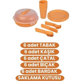 Resim 6 Kişilik Piknik Seti, 32 Parça Piknik Kamp Yemek Takımı Tabak Çatal Bıçak Kaşık Bardak Seti Turuncu 