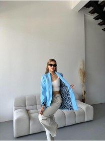 Resim vesantia Kadın Bebe Mavisi Dabıl Kumaş Leopar Desen Astar Detaylı Blazer Ceket 