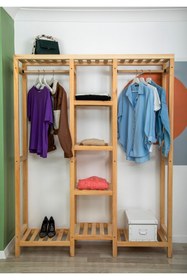 Resim WOODFACE Indigo Doğal Ahşap Açık Gardrop Askılık Portmanto 185x145x35 cm 