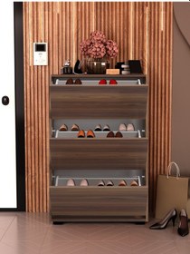 Resim Skeche Düşer Kapak Ayakkabılık Raflı Ayakkabılık 3 Bölmeli Ayakkabılık Ceviz Ceviz 