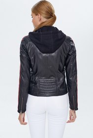 Resim Derimod Ladyracer Kadın Siyah Armalı Kapüşonlu Spor Deri Mont 22WGM500151 