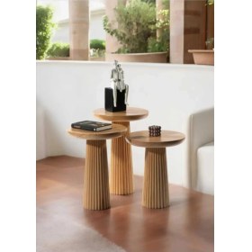 Resim Wood Wooden 3lü Set Fitilli Mantar Yan Sehpa Modern Ahşap Renk Fiskos 
