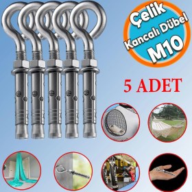 Resim Nzb Kancalı Çelik Dübel M10 (5 Adet) Salıncak Boks Torbası Lamba Avize Için Gömlekli Kapalı Ağız Kanca 