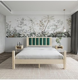 Resim Orion Model Zümrüt Yeşili Puflu Başlıklı Vernikli Çam Ahşap Karyola Ve İki Komodin Set-235 100 x 200 