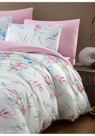 Resim Mystory Home Lastikli Çarşaflı Çift Kişilik Nevresim Takımı Tulip Pembe - Yeşil 