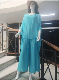Resim Bohem Stil İtalyan Yarasa Kol İpek Bluz & Pantolon Takım-8767 Turkuaz 