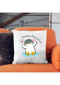 Resim Sarılmaya İhtiyacım Var Yazılı Sevimli Penguen Tasarımlı Dekoratif Yastık Kılıfı İçi Boş Beyaz 