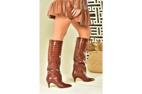 Resim Fox Shoes Taba Kroko Baskı Alçak Topuklu Kadın Çizme N749204011 