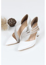 Resim Feles 140 Üç Şerit Taşlı Abiye Kadın Topuklu Ayakkabı Stiletto Beyaz 